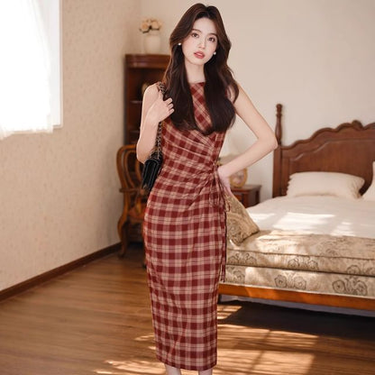 Sleeveless Plaid Maxi Sheath Dress / Plain Crop Cardigan / Set