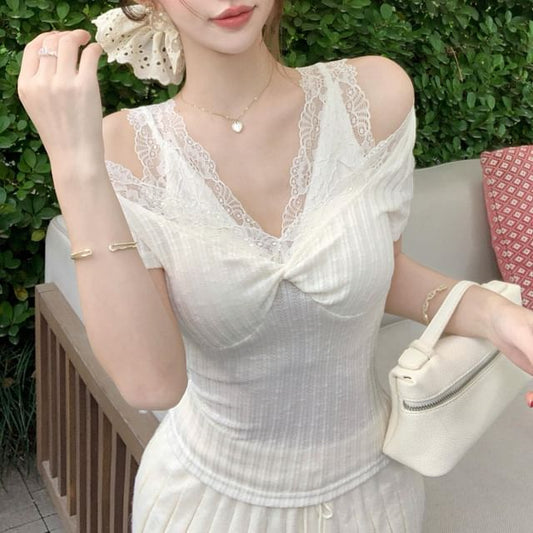 Short-Sleeve V-Neck Cold-Shoulder Plain Lace Trim Ribbed Slim Fit Tee