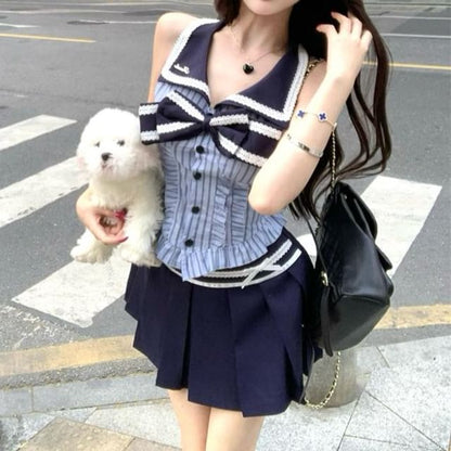 Sleeveless Collar Striped Bow Blouse / High Rise Pleated Mini A-Line Skirt