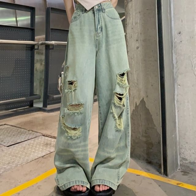 High Rise Ripped Washed Wide Leg Jeans