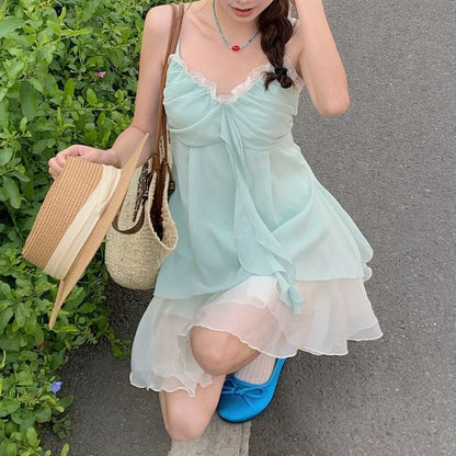 Flowy Camisole Top and Lettuce Hem Mini Skirt Set