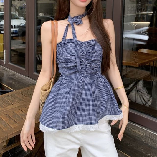 Plaid Ruched Lace Trim Peplum Tube Top