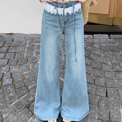 High Rise Lace Panel Washed Flared Jeans