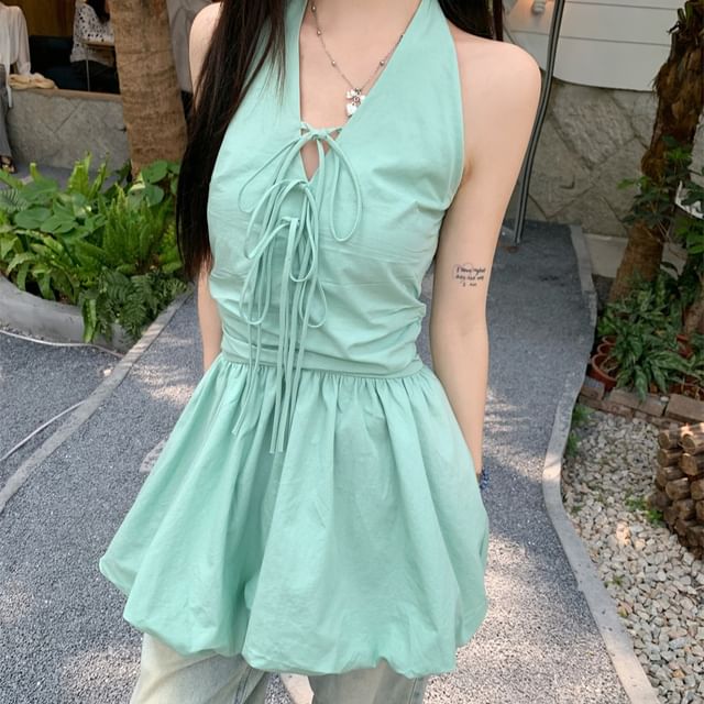 Halter V-Neck Plain Bow Bubble Hem Mini A-Line Skirt