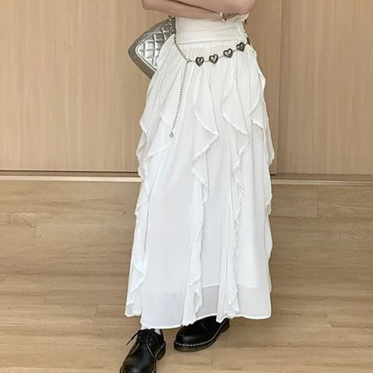 Plain Ruffle Trim Slim Fit Tank Top / Elastic Waist Asymmetrical Midi A-Line Skirt