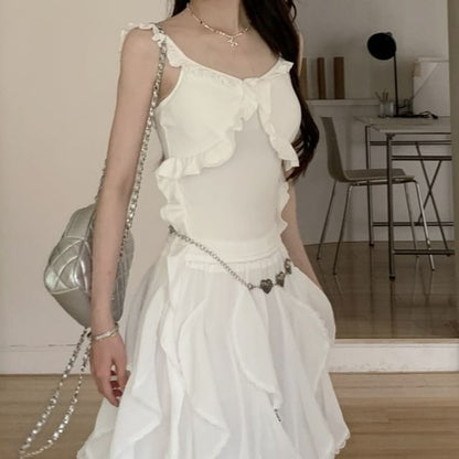 Plain Ruffle Trim Slim Fit Tank Top / Elastic Waist Asymmetrical Midi A-Line Skirt