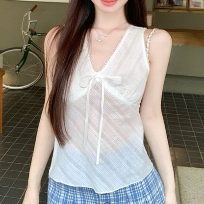 V-Neck Bow Lace Trim Slim Fit Tank Top