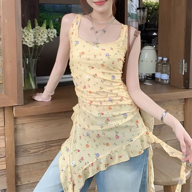 Square Neck Floral Asymmetrical Ruffle Trim Slim Fit Tank Top