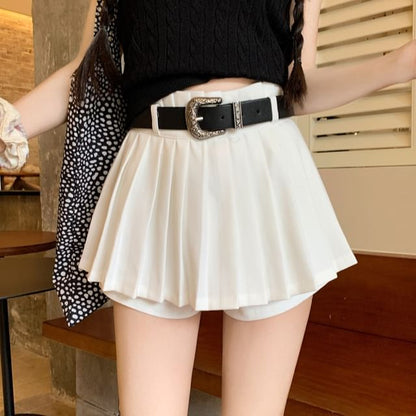 Contrast Collar Knit Tank Top / High Waist Plain Pleated Mini A-Line Skirt