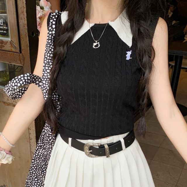 Contrast Collar Knit Tank Top / High Waist Plain Pleated Mini A-Line Skirt