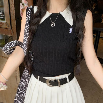 Contrast Collar Knit Tank Top / High Waist Plain Pleated Mini A-Line Skirt