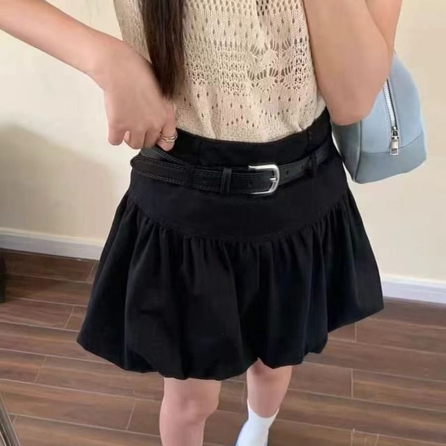 Set: High Rise Plain Bubble Hem Mini A-Line Skirt + Belt