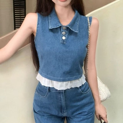 Collar Henley Frill Trim Denim Crop Tank Top / High Waist Denim Shorts
