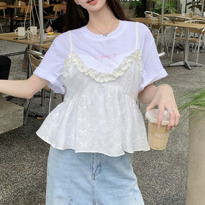 Short-Sleeve Crew Neck Bow Print Tee / Ruffle Trim Flowy Camisole Top