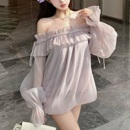 Long-Sleeve Off-Shoulder Plain Ruffle Trim Tunic Blouse