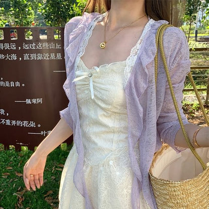 Spaghetti Strap Bow Ruched Lace Panel Mini A-Line Dress / Melange Ruffle Trim Cardigan