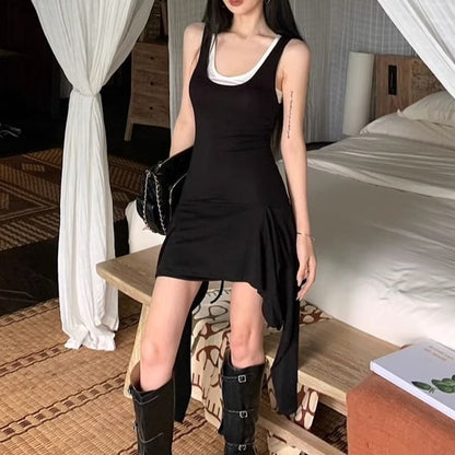 Set: Sleeveless Scoop Neck Plain Asymmetrical Mini Bodycon Dress + Slim Fit Tank Top