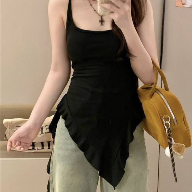 Square Neck Plain Asymmetrical Ruffle Trim Long Slim Fit Tank Top