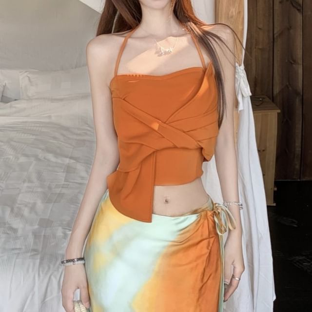 Halter Plain Knot Crop Slim Fit Cami Top / Mid Rise Tie Dye Maxi A-Line Wrap Skirt