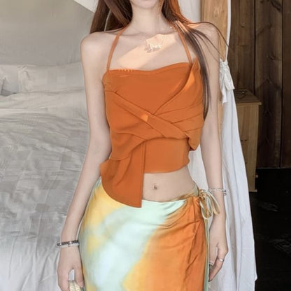 Halter Plain Knot Crop Slim Fit Cami Top / Mid Rise Tie Dye Maxi A-Line Wrap Skirt