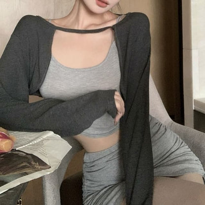 Melange Crop Slim Fit Camisole Top / Elastic Waist Drawstring Mini Pencil Skirt / Cardigan / Set