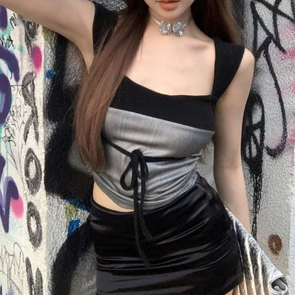 Square Neck Two Tone Bow Crop Slim Fit Tank Top