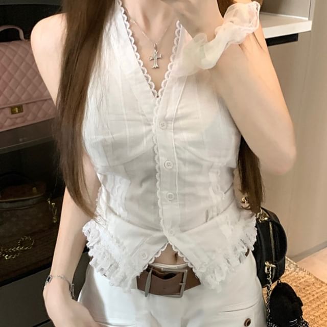 V-Neck Plain Lace Trim Button Slim Fit Tank Top