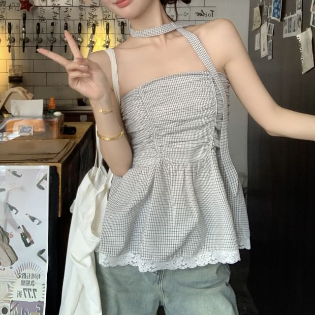 Plaid Ruched Lace Trim Peplum Tube Top