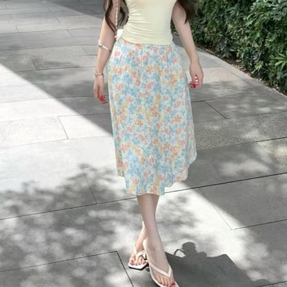 Short-Sleeve Scoop Neck Bow Slim Fit T-Shirt / Elastic Waist Floral Midi A-Line Skirt