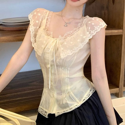 Cap-Sleeve Off-Shoulder Pintuck Lace Panel Slim Fit Blouse