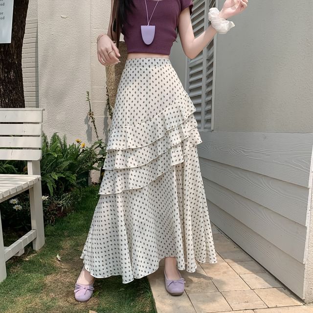 High Waist Floral Asymmetrical Tiered Midi A-Line Skirt