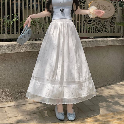 Elastic Waist Floral Lace Panel Midi A-Line Skirt