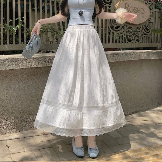 Elastic Waist Floral Lace Panel Midi A-Line Skirt