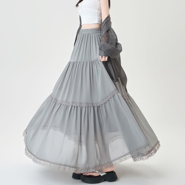 Elastic Waist Plain Tiered Lace Trim Midi A-Line Skirt