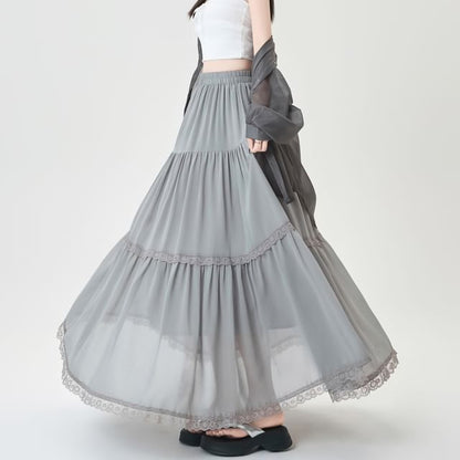 Elastic Waist Plain Tiered Lace Trim Midi A-Line Skirt