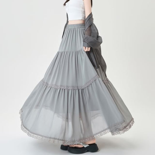 Elastic Waist Plain Tiered Lace Trim Midi A-Line Skirt