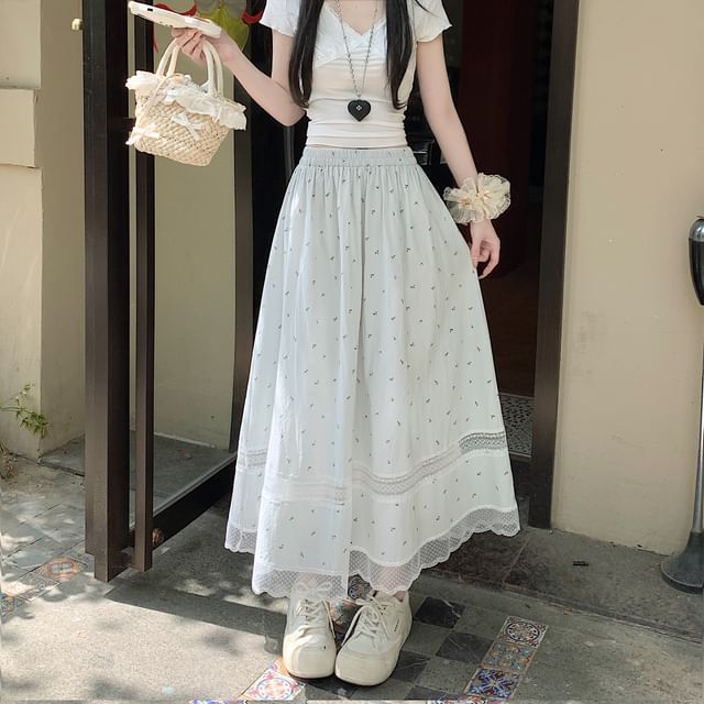 Elastic Waist Floral Lace Panel Midi A-Line Skirt