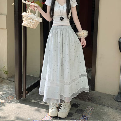 Elastic Waist Floral Lace Panel Midi A-Line Skirt