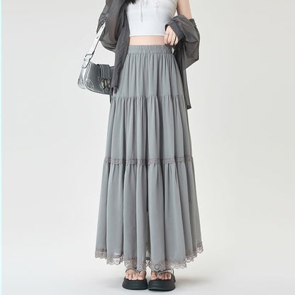 Elastic Waist Plain Tiered Lace Trim Midi A-Line Skirt
