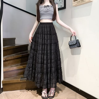 Elastic Waist Plain Tiered Mesh Midi A-Line Skirt