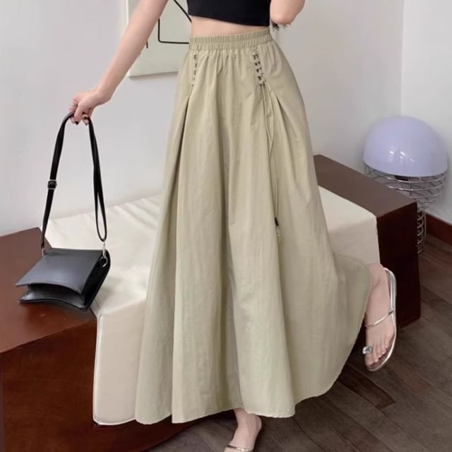 Drawstring Midi Skirt with Elastic Waist and Plain Design