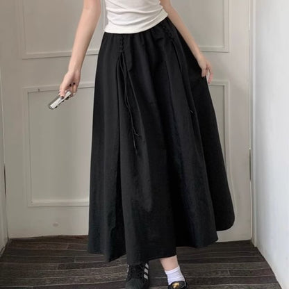 Drawstring Midi Skirt with Elastic Waist and Plain Design