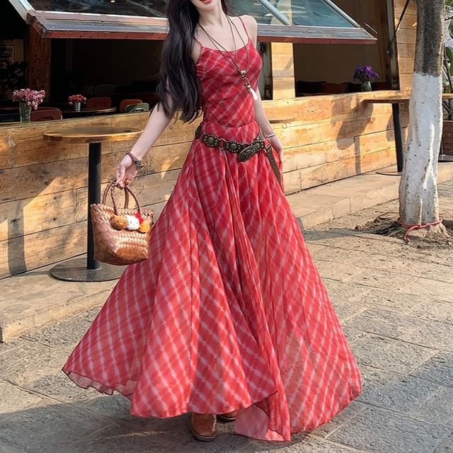 Spaghetti Strap Plaid Maxi A-Line Dress