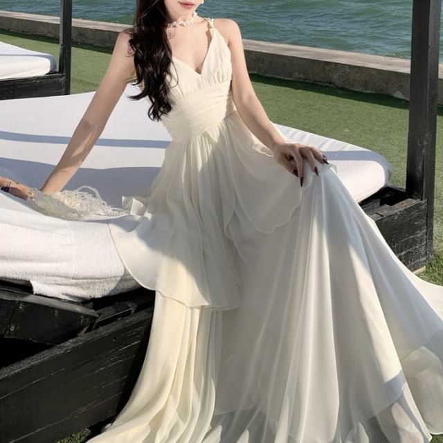 Spaghetti Strap Plain Asymmetrical Maxi A-Line Dress