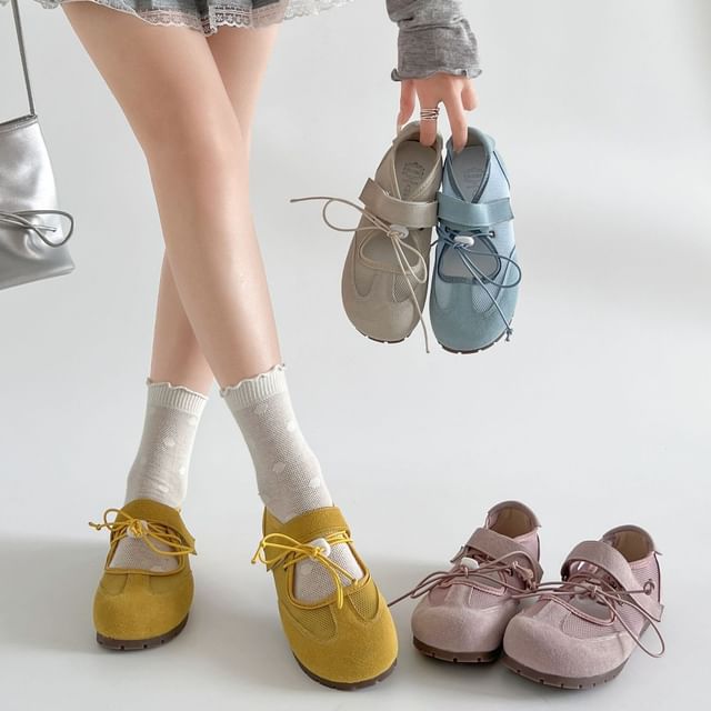 Adhesive Strap Mesh Panel Faux Leather Mary Jane Shoes