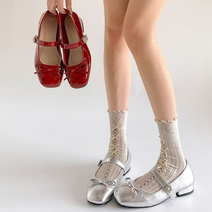 Low Heel Square Toe Bow Faux Leather Mary Jane Pumps