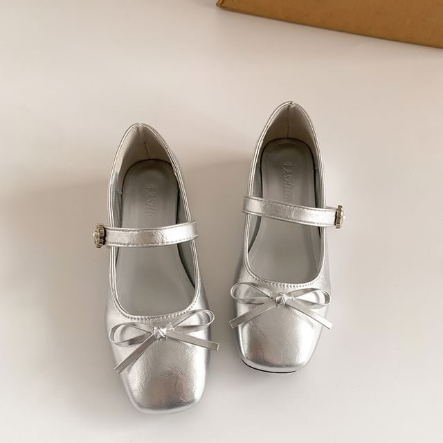 Low Heel Square Toe Bow Faux Leather Mary Jane Pumps