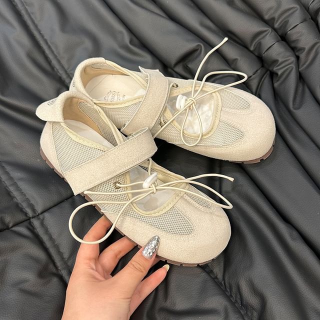 Adhesive Strap Mesh Panel Faux Leather Mary Jane Shoes