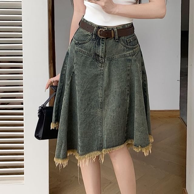 Frayed Denim A-Line Skirt with Asymmetrical Hem
