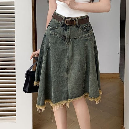 Frayed Denim A-Line Skirt with Asymmetrical Hem